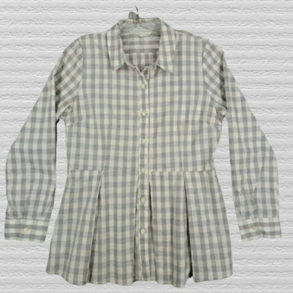 Anthropologie 11 1 Tylho tunic Top Shirt Gray Plaid Pleated Button Down sz large